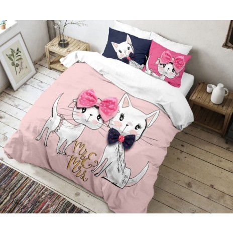 lenjerie de pat, bumbac ranforce, lenjerie dublu, roz pal, imprimeuri de pisicuțe, fundițe, design jucăuș, Club Cotton Pisy Cats