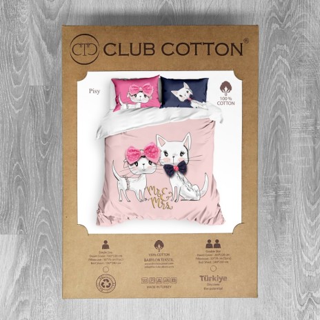 lenjerie de pat, bumbac ranforce, lenjerie dublu, roz pal, imprimeuri de pisicuțe, fundițe, design jucăuș, Club Cotton Pisy Cats