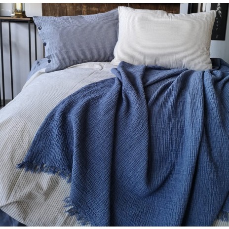 Lenjerie de pat dublu din bumbac 100% ranforce model Club Cotton Pure Indigo cu design simplu în nuanțe de indigo și alb