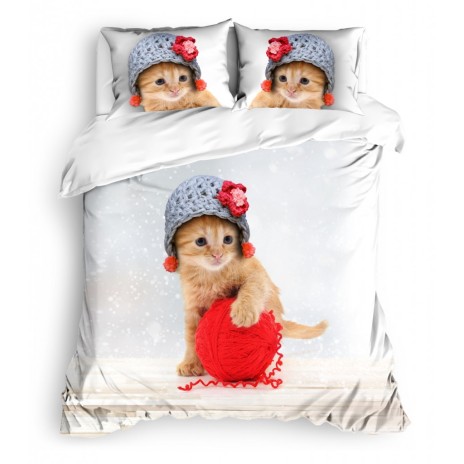 Lenjerie de pat dublu bumbac 100% ranforce alb și gri cu imprimeuri de pisicuțe jucăușe și ghem de lână roșie - Club Cotton Redly