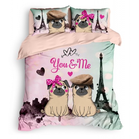 Lenjerie de pat dublu bumbac 100% Ranforce, design romantic cu câini pug și text 