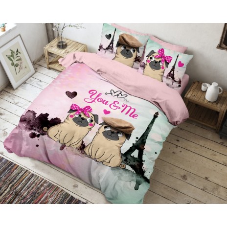 Lenjerie de pat dublu bumbac 100% Ranforce, design romantic cu câini pug și text 