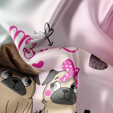 Lenjerie de pat dublu bumbac 100% Ranforce, design romantic cu câini pug și text 