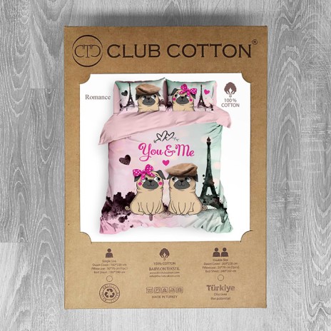 Lenjerie de pat dublu bumbac 100% Ranforce, design romantic cu câini pug și text 