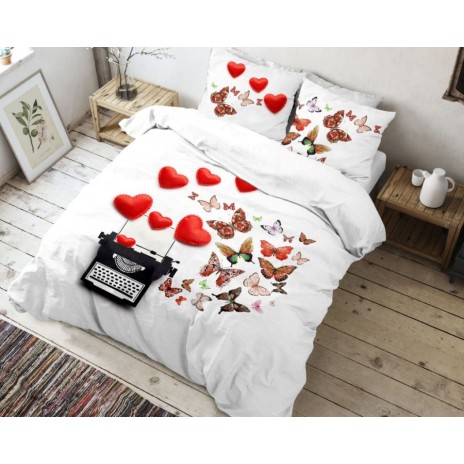 Lenjerie de pat dublu bumbac 100% ranforce Club Cotton Tik Tak, inimioare și fluturi, alb, roșu și multicolor