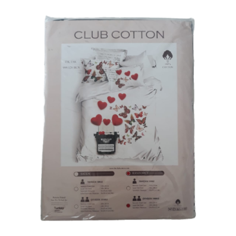 Lenjerie de pat dublu bumbac 100% ranforce Club Cotton Tik Tak, inimioare și fluturi, alb, roșu și multicolor