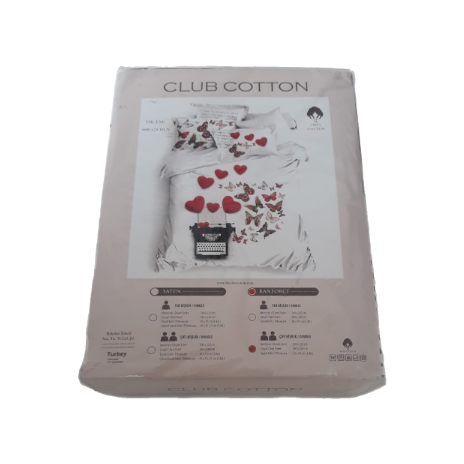 Lenjerie de pat dublu bumbac 100% ranforce Club Cotton Tik Tak, inimioare și fluturi, alb, roșu și multicolor