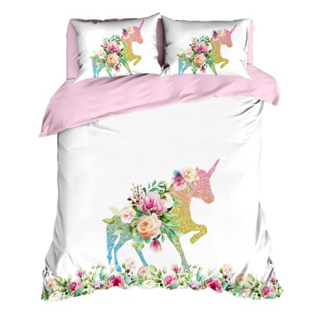 Lenjerie de pat Club Cotton Unicorn din bumbac 100% ranforce, design unicorn multicolor și flori pastelate pe fundal alb și lenjerii roz