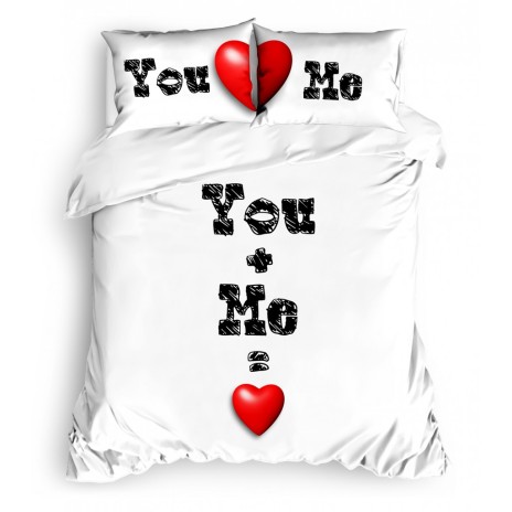 Lenjerie de pat dublu bumbac 100% ranforce Club Cotton You&Me alb-roșu-negru cu design modern și inimi roșii