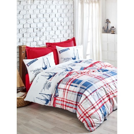 Lenjerie de pat dublu bumbac 100% ranforce Cotton Box Alesta Claret Red cu design nautic și carouri în nuanțe de roșu, albastru și alb.