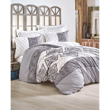 Lenjerie de pat dublu bumbac 100% ranforce Cotton Box Alope Grey cu design paisley și dungi în nuanțe de gri și alb.