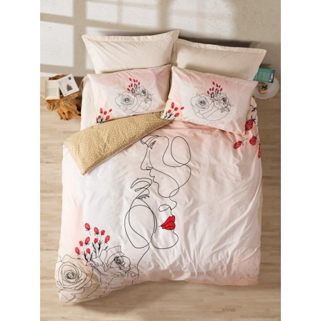 Lenjerie de pat din bumbac ranforce 100% cu model grafic și floral abstract în nuanțe de roz pudrat și alb, decorată cu linii artistice și accente feminine