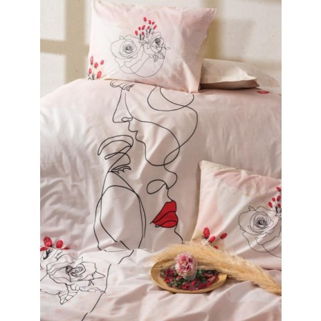Lenjerie de pat din bumbac ranforce 100% cu model grafic și floral abstract în nuanțe de roz pudrat și alb, decorată cu linii artistice și accente feminine