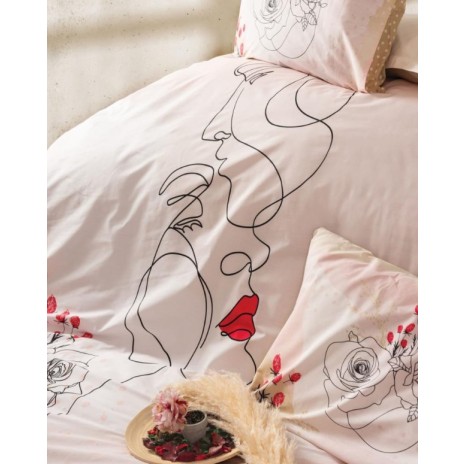 Lenjerie de pat din bumbac ranforce 100% cu model grafic și floral abstract în nuanțe de roz pudrat și alb, decorată cu linii artistice și accente feminine