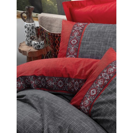 Lenjerie de pat Ardil-Red cu nuanțe de roșu și gri, motive decorative folk art