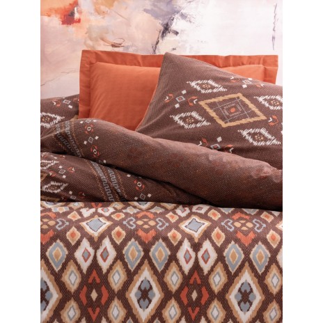 Lenjerie de pat Belize-Brown cu nuanțe de maro și portocaliu, imprimeuri etnice și geometrice