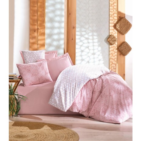 Lenjerie de pat dublu din bumbac 100% ranforce, cu design geometric roz și alb.