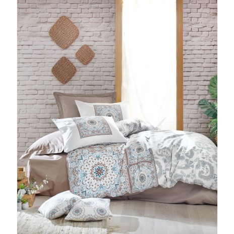 Lenjerie de pat dublu bumbac 100% Ranforce Bianna Beige cu design mandala în nuanțe de albastru și maro