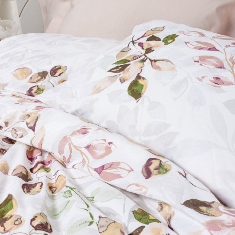 Lenjerie pat dublu bumbac ranforce, design cu frunze bej si roz, Cotton Box