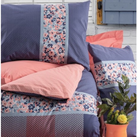 lenjerie de pat bumbac ranforce, lenjerie carouri florale albastru roz alb, Cotton Box lenjerie premium, material durabil