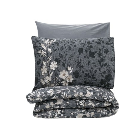 Lenjerie de pat Comely Antracit din bumbac 100% ranforce, brand Cottonbox, cu design floral în tonuri de antracit și alb, ideală pentru un decor elegant și modern.