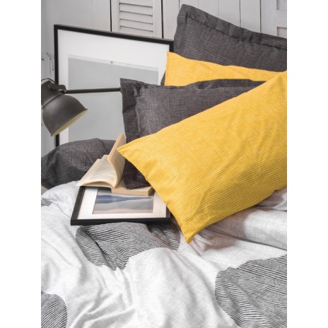 Lenjerie de pat dublu bumbac 100% ranforce Cottonbox, design modern cercuri gri și detalii galbene.