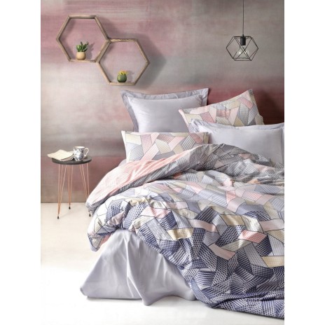 Lenjerie de pat dublu bumbac 100% Ranforce Dennis Grey cu design geometric în nuanțe de gri, roz și bej