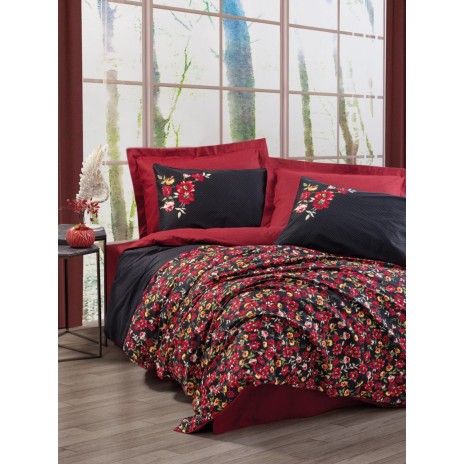 Lenjerie de pat Desire-Red cu nuanțe de roșu și negru, floricele colorate