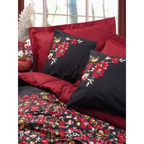 Lenjerie de pat Desire-Red cu nuanțe de roșu și negru, floricele colorate