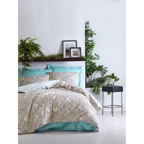 Lenjerie de pat dublu bumbac 100% Ranforce Cotton Box Dotted Turquoise cu design geometric în nuanțe de bej, turcoaz și galben pastel, modernă și luminoasă.