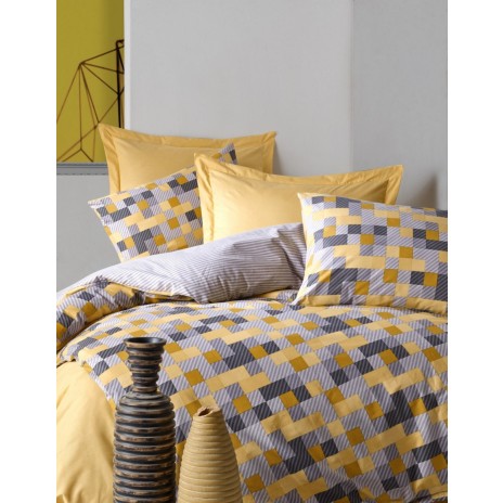 Lenjerie de pat dublu din bumbac 100% ranforce, model Cotton Box Elon Yellow, cu motive geometrice vibrante în nuanțe de galben și gri.