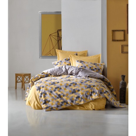 Lenjerie de pat dublu din bumbac 100% ranforce, model Cotton Box Elon Yellow, cu motive geometrice vibrante în nuanțe de galben și gri.