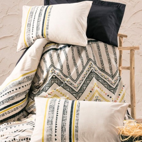 Lenjerie pat dublu Cotton Box Elvira Black bumbac ranforce model etnic boho alb negru