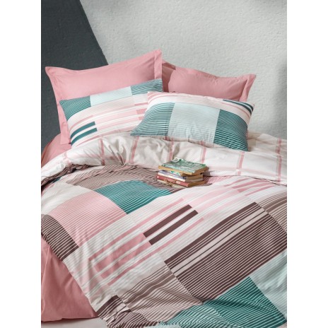 Lenjerie de pat dublu bumbac 100% Ranforce Cotton Box Eva Powder cu design în carouri și dungi în nuanțe de roz, albastru și alb, modernă și plină de culoare.
