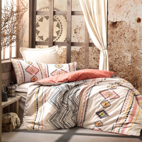 Lenjerie pat dublu Cotton Box Felix Tile Red bumbac ranforce model boho geometric etnic
