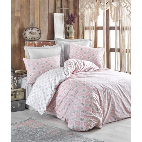 Lenjerie de pat dublu din bumbac 100% ranforce, model Cotton Box Fine Pink, cu modele geometrice roz și alb.