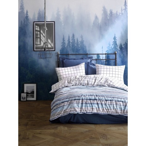 Lenjerie de pat dublu bumbac 100% Ranforce Grace Blue cu design în dungi albastre și gri pe fundal alb