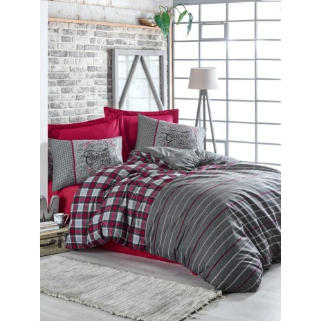 Lenjerie pat dublu bumbac 100% ranforce Cotton Box Jonas Claret Red, design modern în carouri și dungi în roșu închis, gri și alb.