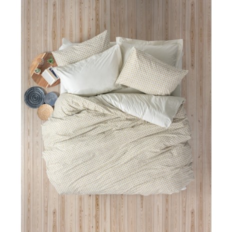 Lenjerie de pat din bumbac 100% ranforce, model Jot Beige, motive discrete geometrice în nuanțe de bej și alb