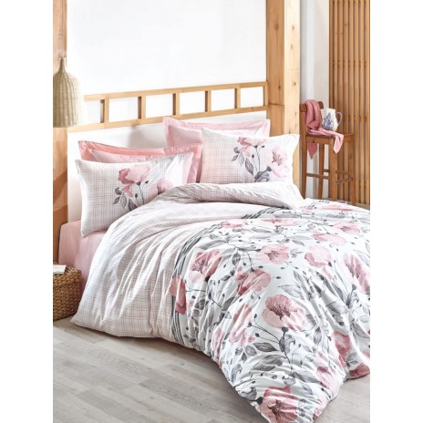 Lenjerie pat dublu bumbac 100% ranforce Cotton Box Juana Pink, design floral roz și gri pe fundal alb.