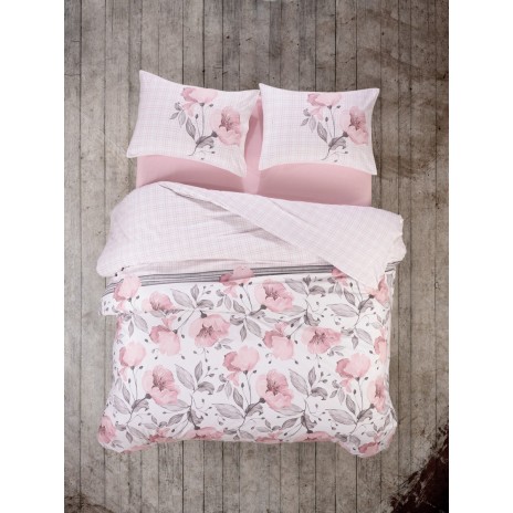 Lenjerie pat dublu bumbac 100% ranforce Cotton Box Juana Pink, design floral roz și gri pe fundal alb.
