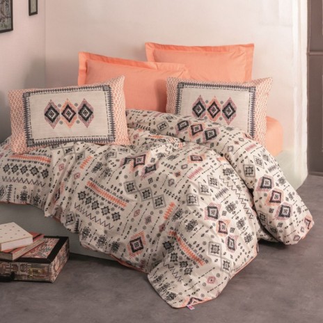 Lenjerie de pat Cottonbox din bumbac 100% ranforce, design etnic în somon, negru și alb, cu motive geometrice tradiționale