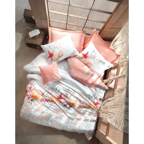 Lenjerie de pat dublu din bumbac 100% ranforce, model Cotton Box Lara v2 Pink, cu motive marine colorate în nuanțe de roz și alb.