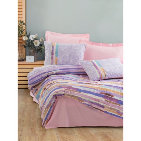 Lenjerie de pat Larry-Pink cu nuanțe de roz, violet și albastru, imprimeuri abstracte