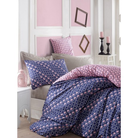 Lenjerie pat dublu bumbac 100% ranforce Cotton Box Like Dusty Rose, design geometric în albastru închis și roz prăfuit.