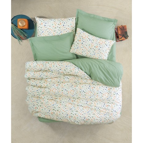 Lenjerie de pat Lola-Green cu nuanțe de verde și alb, floricele colorate