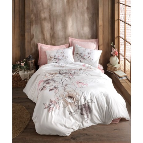 Lenjerie de pat dublu din bumbac 100% ranforce, model Loving Pink, cu design floral roz și bej pe fundal alb.