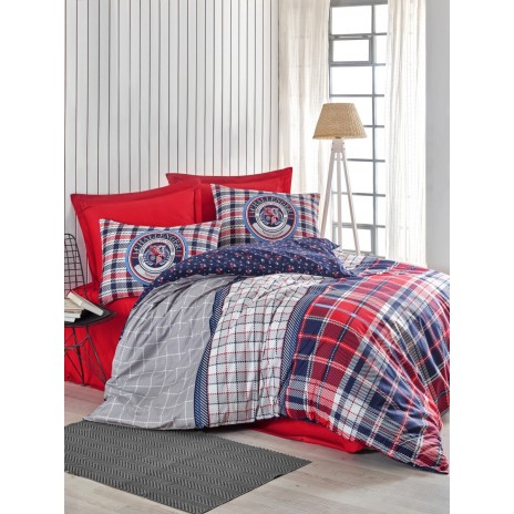 Lenjerie pat dublu bumbac 100% ranforce Cotton Box Marco Red, design clasic în carouri și dungi în roșu, albastru și gri.