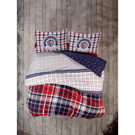 Lenjerie pat dublu bumbac 100% ranforce Cotton Box Marco Red, design clasic în carouri și dungi în roșu, albastru și gri.