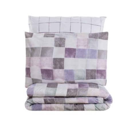 Lenjerie de pat din bumbac 100% ranforce, de la Cotton Box, model Maro Gul Kurusu, cu design patchwork pastel în nuanțe de mov, roz și gri.